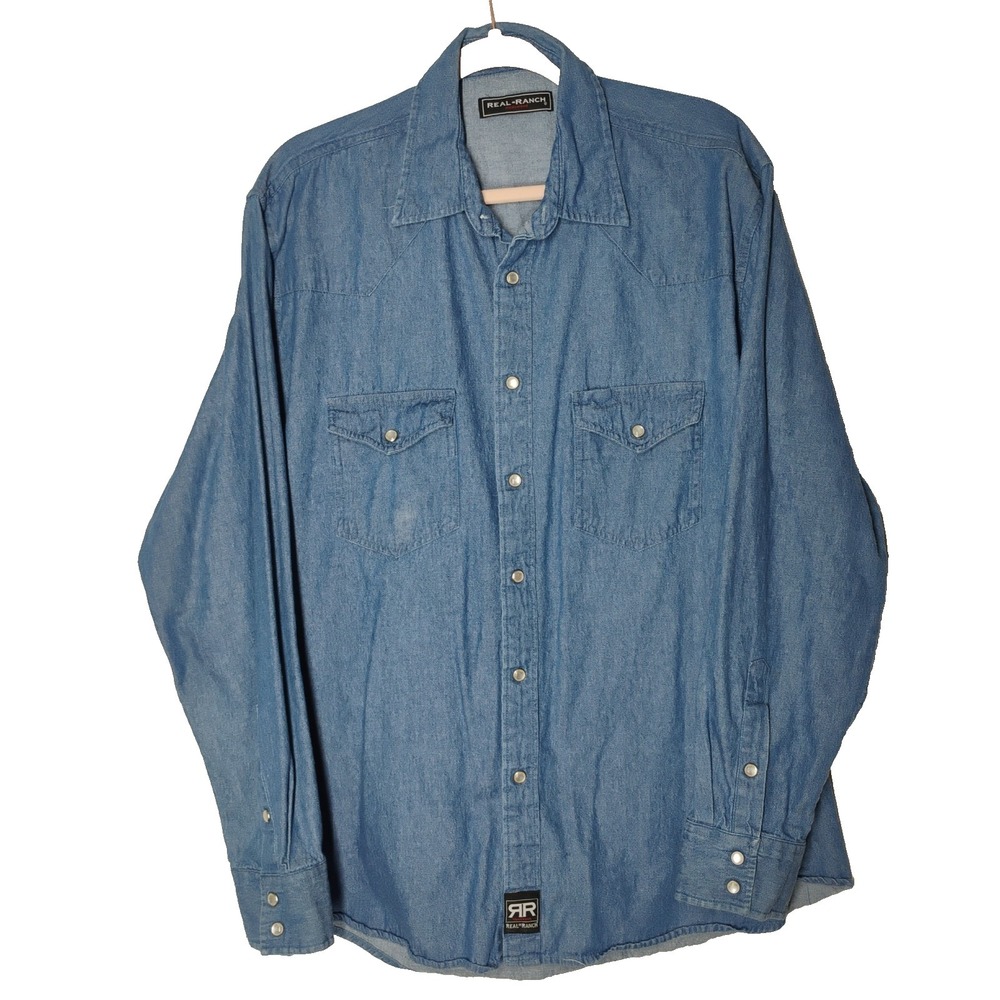 Real Ranch Workwear Denim Shirt Mens LARGE Western Pearl Snap Long Sleeve Cowboy